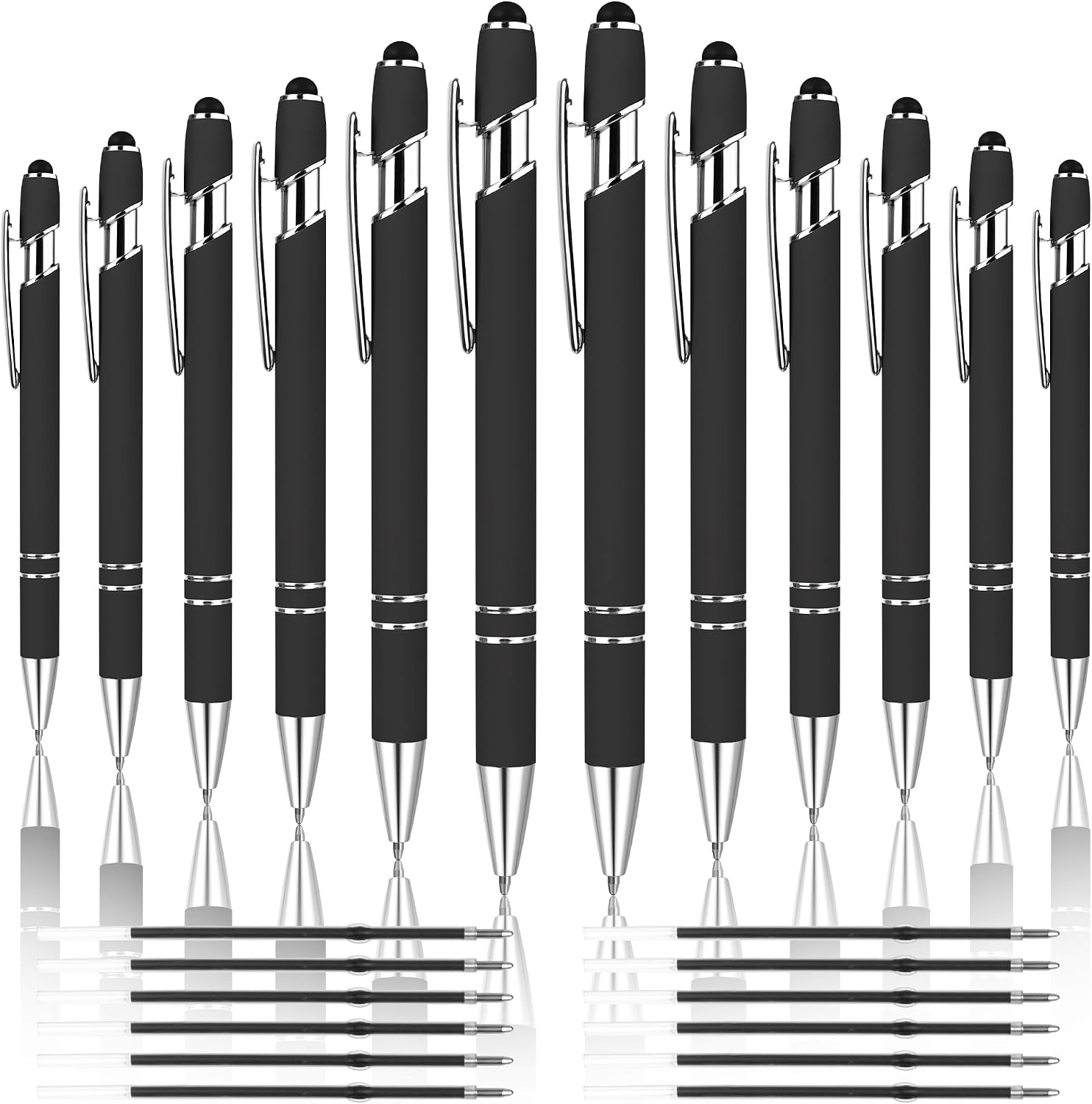 12 PCS 2 in 1 Stylus Ballpoint Pen with Stylus Tips (Silver & Black)