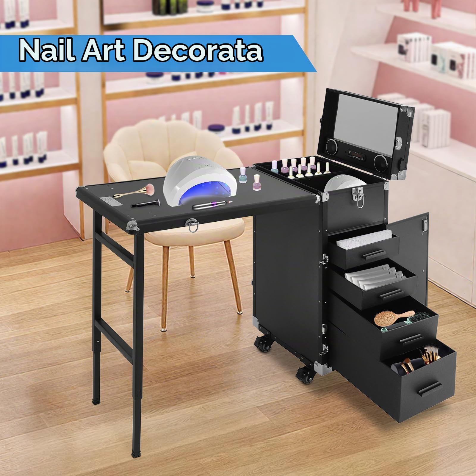 Tavolo per manicure, pieghevole, per manicure, con telecomando e treno per trucco, con 4 cassetti, per tecnici domestici, spa, salone di bellezza, posto di lavoro (nero)