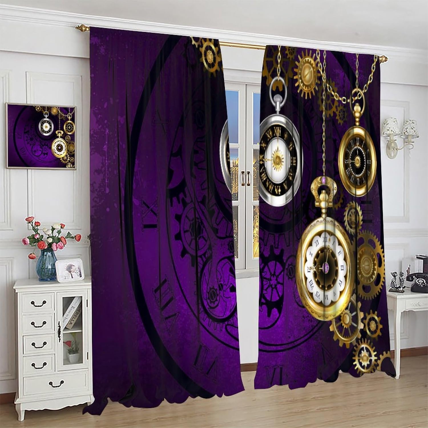 Rustic Clock Curtains, Vintage Grunge Purple Antique Clock Pattern Blackout Window Treatments, Rod Pocket Thermal Insulated Drapes 2 Panel Sets for Bedroom Living Room, 42" W X 45" L