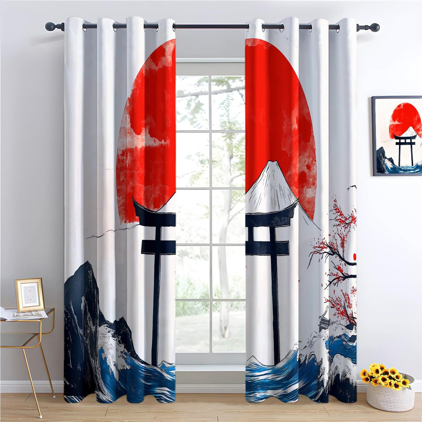 Zasłony z oczkami Japonia Torii Mountains, nieprzezroczyste, termoizolacyjne i anty-UV, dźwiękoszczelne zasłony z oczkami do sypialni, salonu jasny kolor, 220 x 215 cm, 2 sztuki