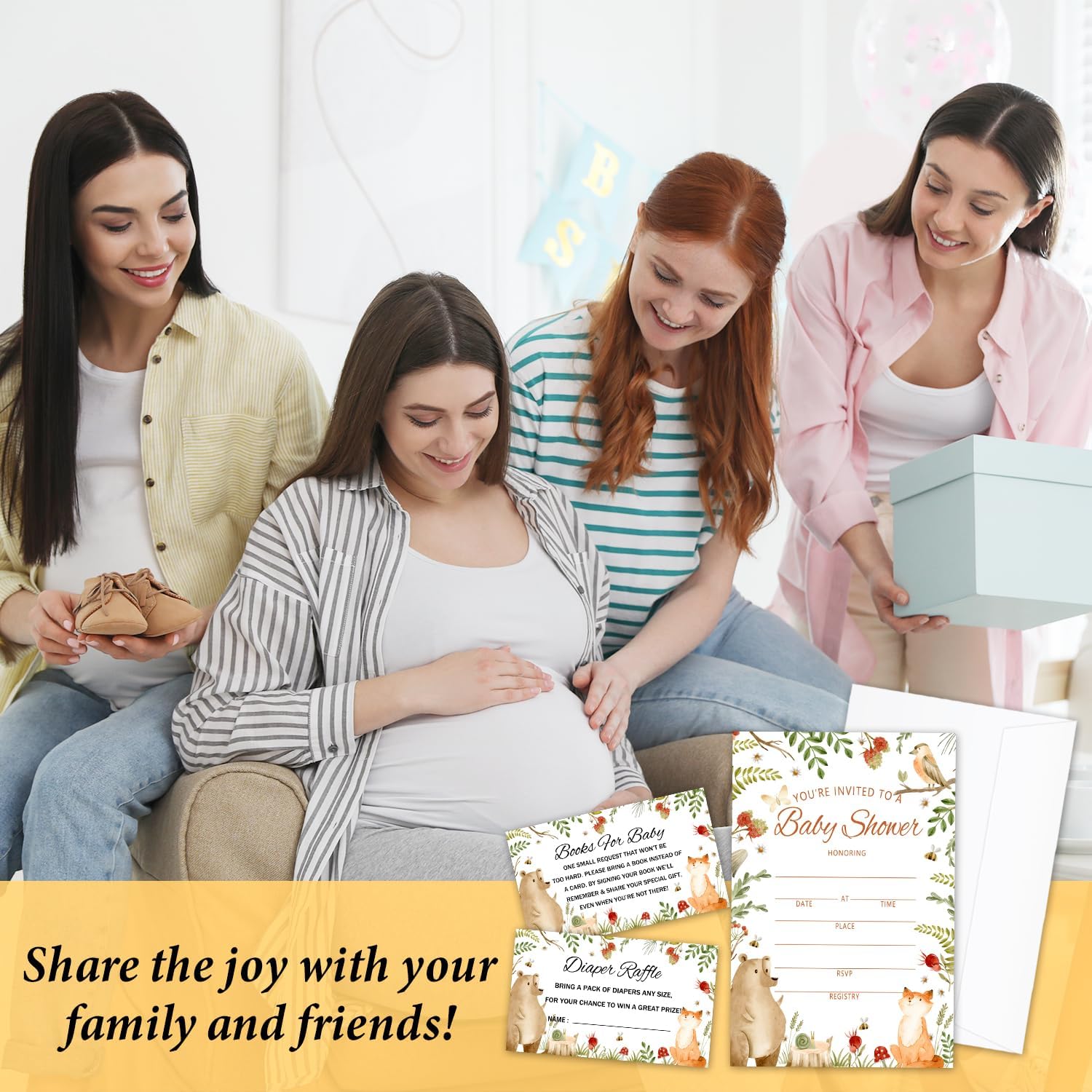 Woodland Baby Shower Invitations Kit with Envelopes, 25 Set Baby Shower Invites & 25 Diaper Raffle Tickets & 25 Baby Shower Book Request Cards, Baby Shower Celebration Supplies & Favors -06