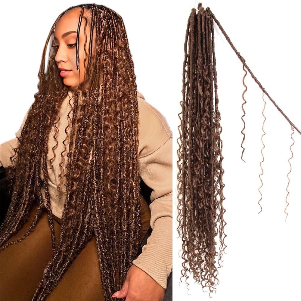 Boho Goddess Faux Locs Crochet Hair 30 Inch 8 Packs Distressed Soft Locs Pre Looped Crochet Braids with Curly Ends (80 Strands, 30#)