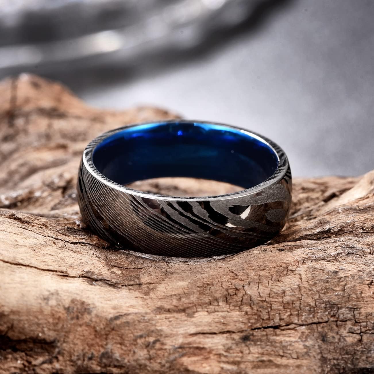 Vakki Damascus Mens Wedding Bands 8mm Gunmetal Damascus Steel Rings Blue Innerface Comfort Fit Size 7-12