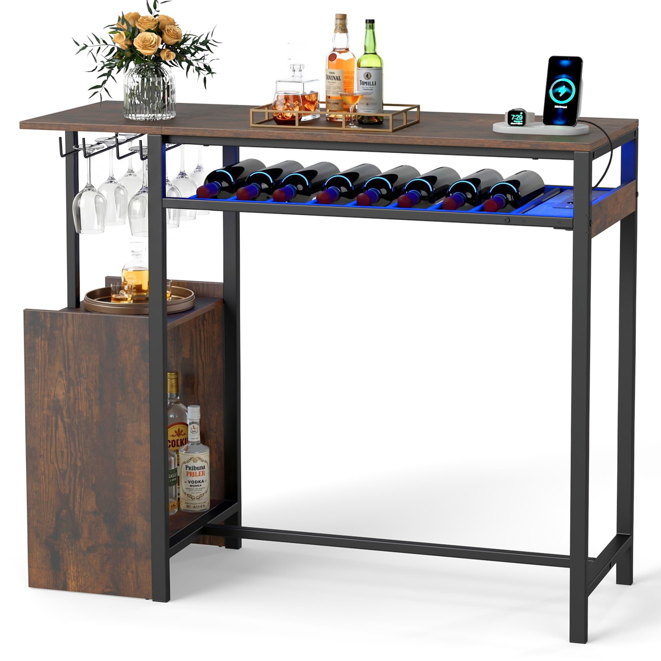COSTWAY Tavolo da Bar con Luce Regolabile, Tavolino Alto con Stazione di Ricarica, Portabottiglie e Portabicchieri, Tavolino da Cucina per Soggiorno e Sala da Pranzo, 110 x 40 x 92 cm