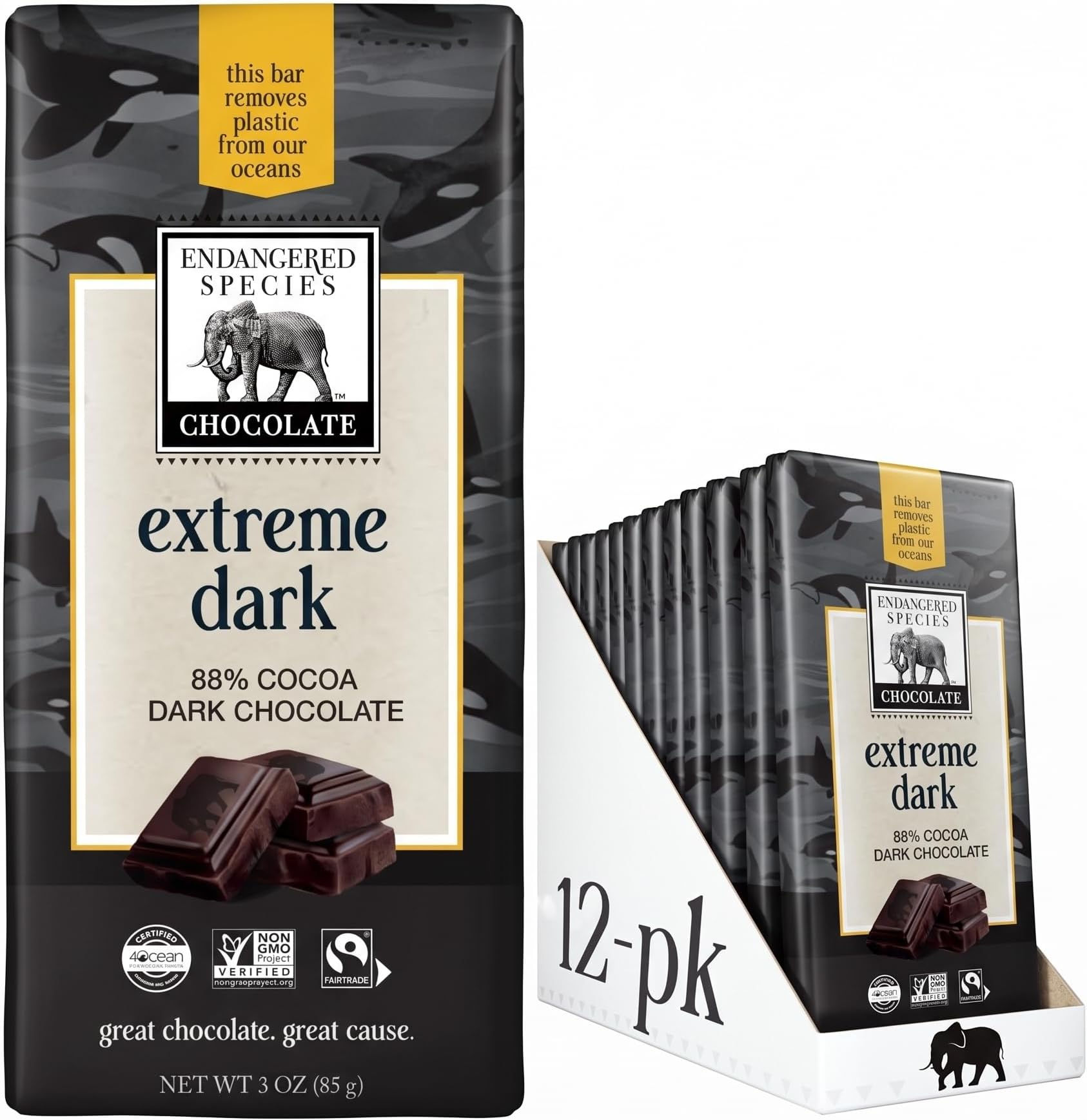 Endangered Species Extreme Dark 88% Cocoa Chocolate Bars, 12-Pack, 3 oz