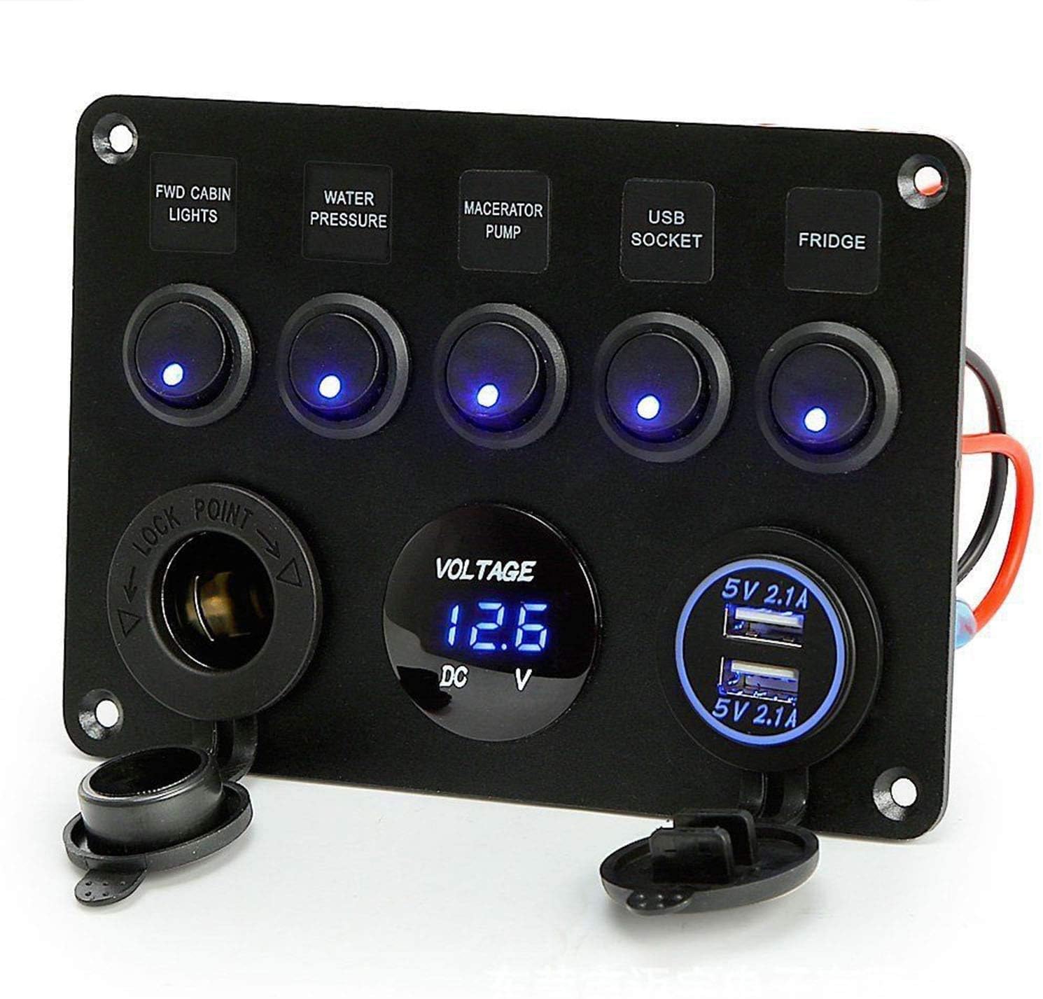 Pannello Interruttori 5 Gang Interruttore a Levetta ON-OFF 2USB Presa Voltmetro a LED 12V 24V Presa di Corrente per Marine RV Truck(BLUE)