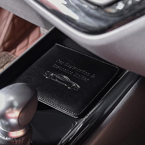 Miniatura 7 de HERRIAT Tarjetero de registro y seguro de automóvil, guantera de cuero para vehículos, documentos de automóvil, organizador para identificación,