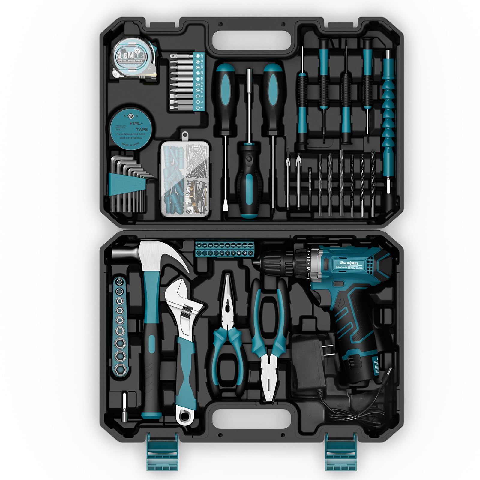 Sundpey Caisse a Outil 206 Pcs, Visseuse Devisseuse Sans Fil 12V pour Serrer/Desserrer des vis, Malette Outils avec Perceuse-Visseuse pour Bureau, Réparation à Domicile avec Tournevis et Pinces, Bleu