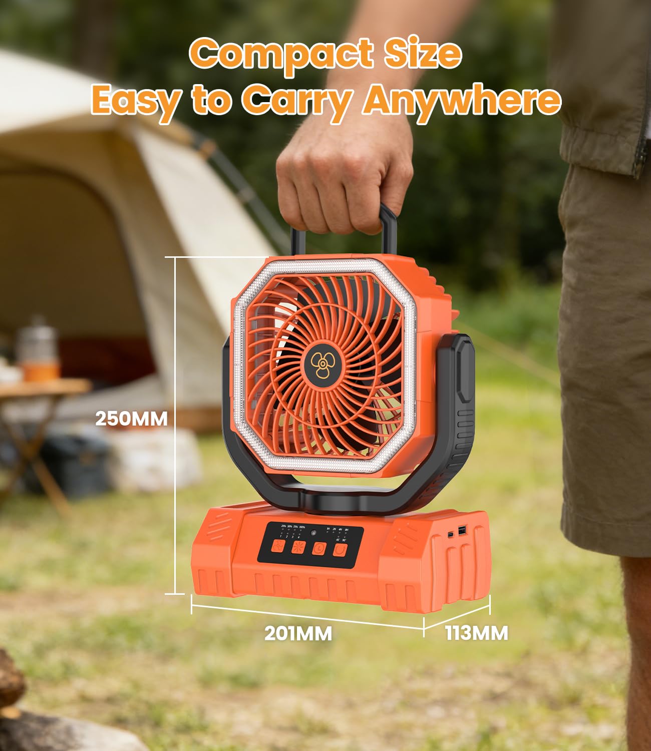 Tragbarer Camping Ventilator 20000mAh Akku mit LED Licht & Fernbedienung, USB Leise Tischventilator für Outdoor Camping Zelt Stromausfall Angeln Orange