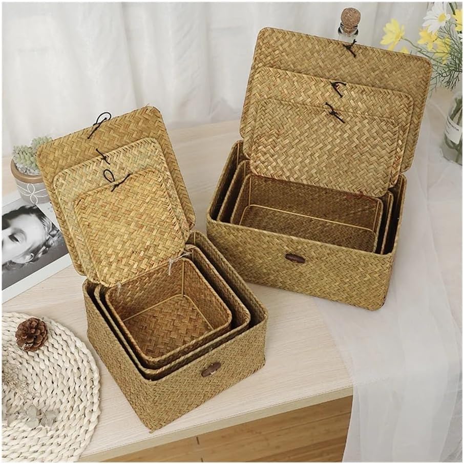 Luopan Storage Accessories, 1-Pack, Handmade Bamboo Woven Storage Baskets with Lid, Picnic Sundries Organizer, Rectangular/Square Decor Container(20x20x12cm)