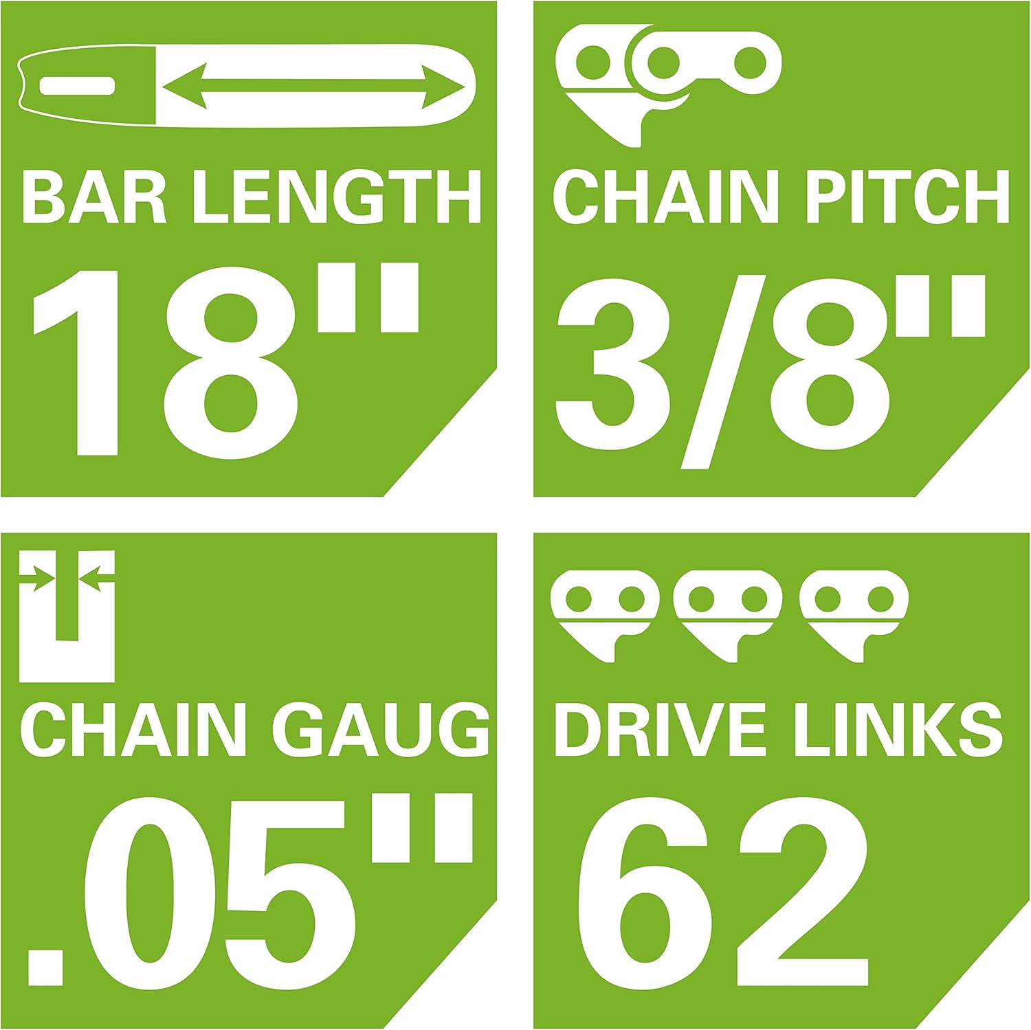 Greenworks 18" Chainsaw Bar and Chain Combo, 3/8" Pitch, 0.05" Gauge, 62 Drive Links, Genuine Greenworks Replacement Part