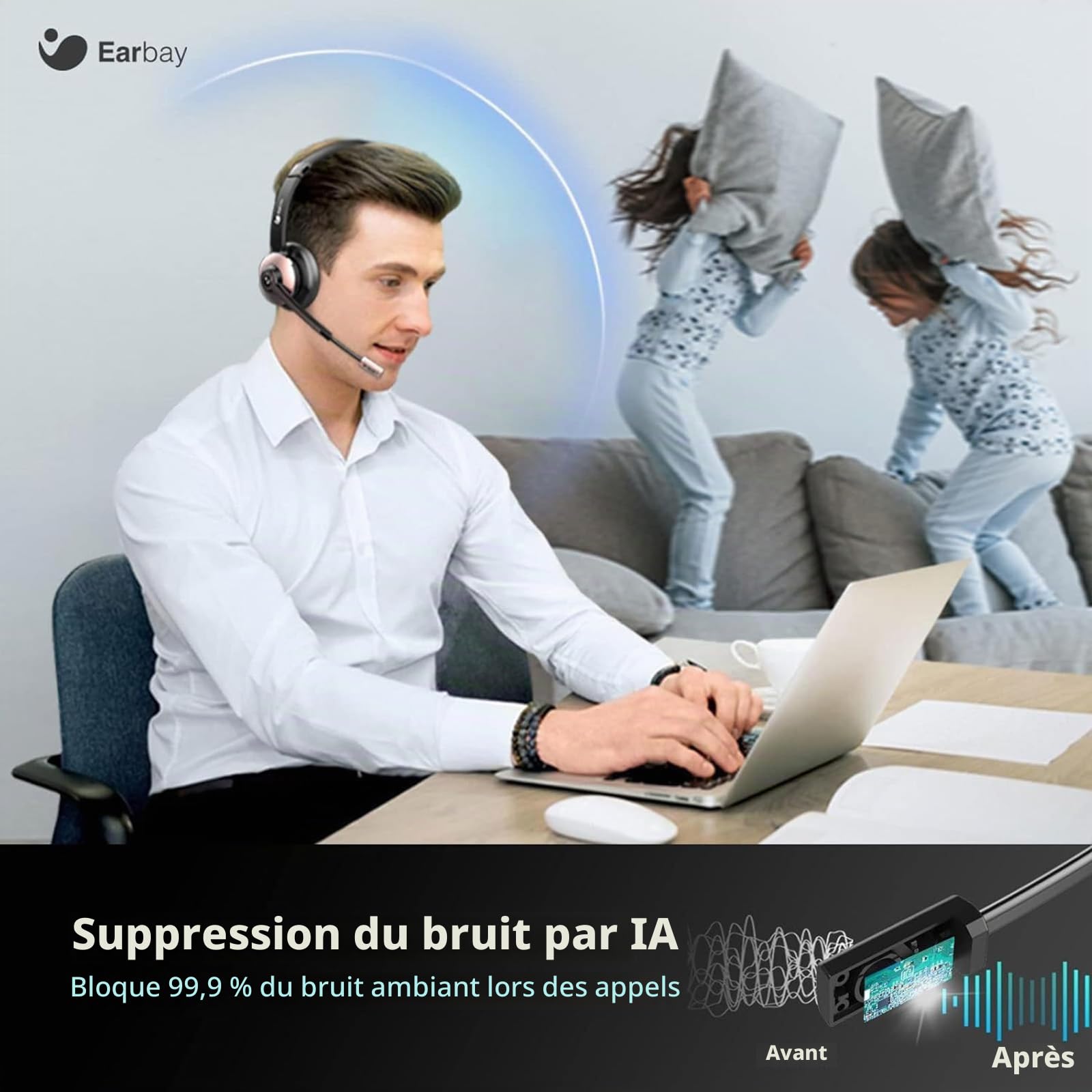 Casque sans fil Bluetooth microphone, réduction du bruit, dongle USB, pour ordinateur/telephone portable/reunion/centre d'appel/bureau