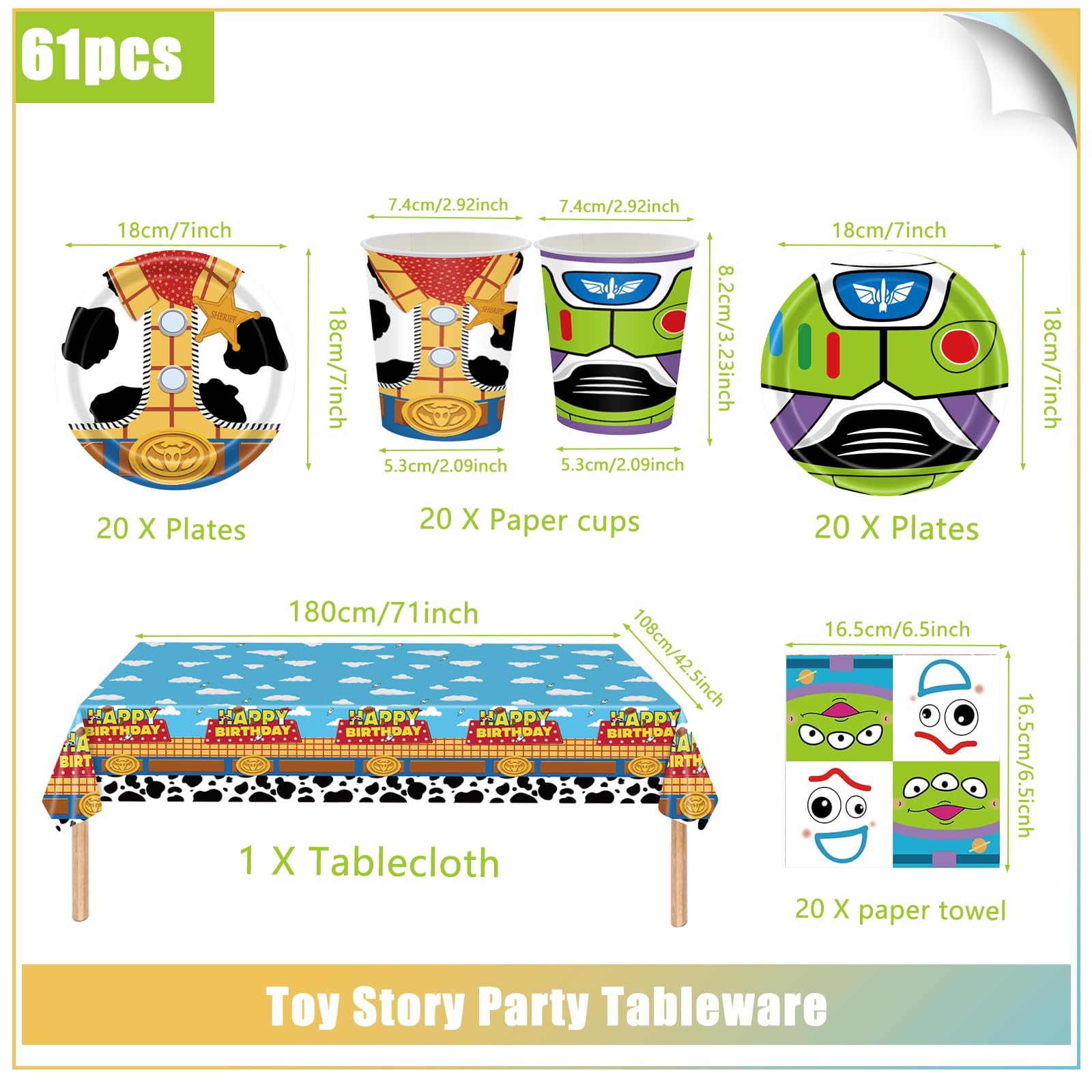 Set di 61 pezzi di stoviglie per feste Toy Story, decorazioni per feste di compleanno per bambini, comprensivo di bicchieri, piatti, tovaglia e tovaglioli, per 20 ospiti