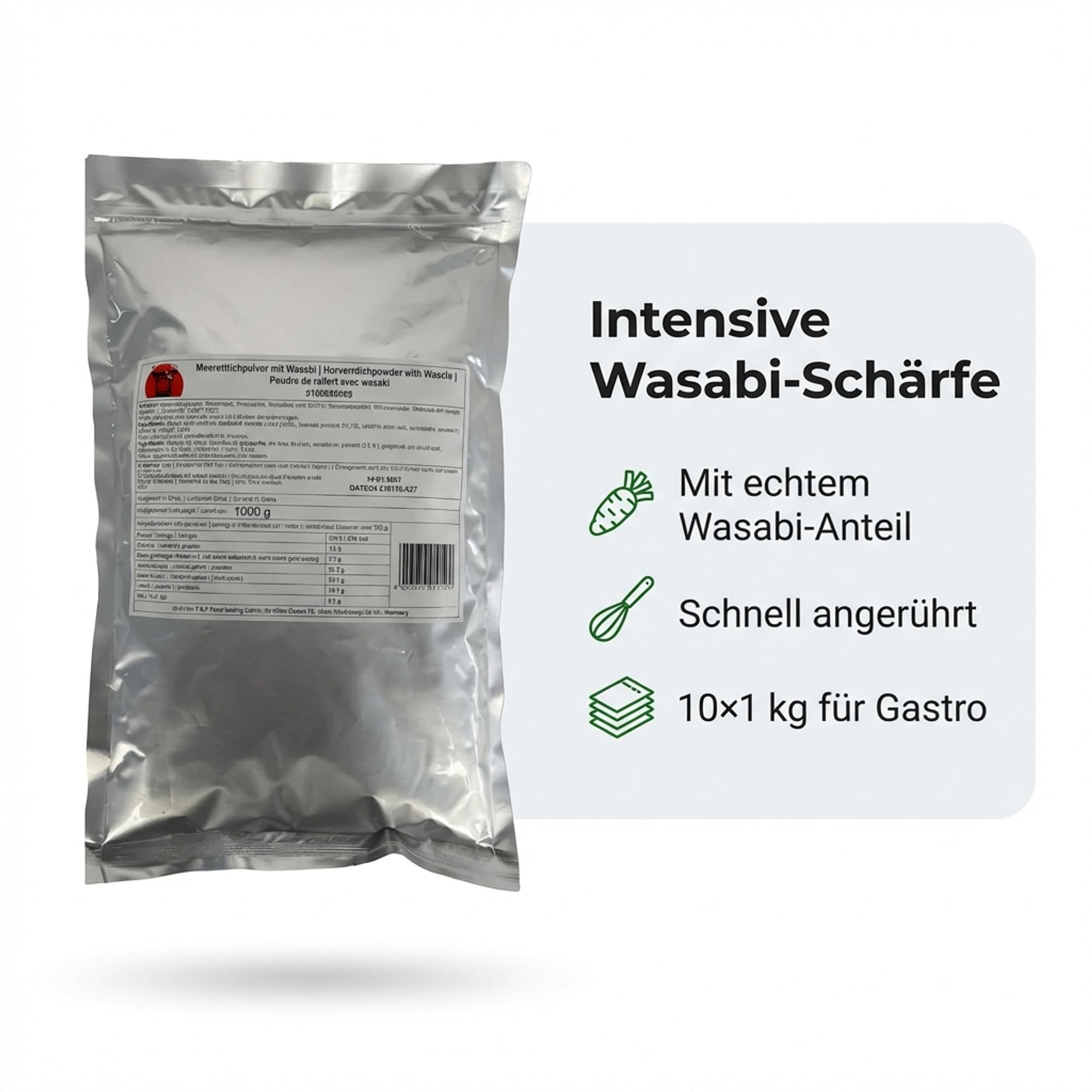 Takori Wasabipulver 10x 1 kg, intensives Meerrettich Pulver mit echtem Wasabi, vegan und glutenfrei, ideal für Sushi, Sashimi und Dressings