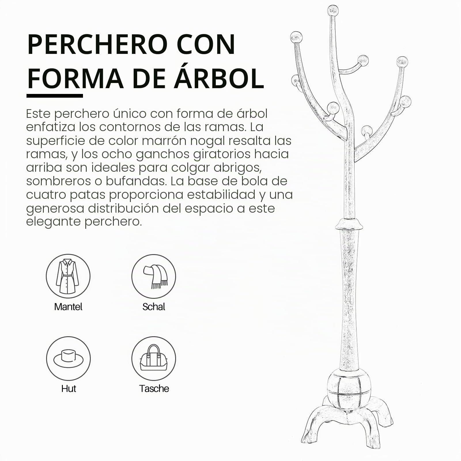 Bekrvio Perchero de pie, de madera maciza con 8 ganchos, diseño en forma de árbol, perchero con base esférica estable, capacidad de carga hasta 75 kg, para pasillo, entrada, dormitorio
