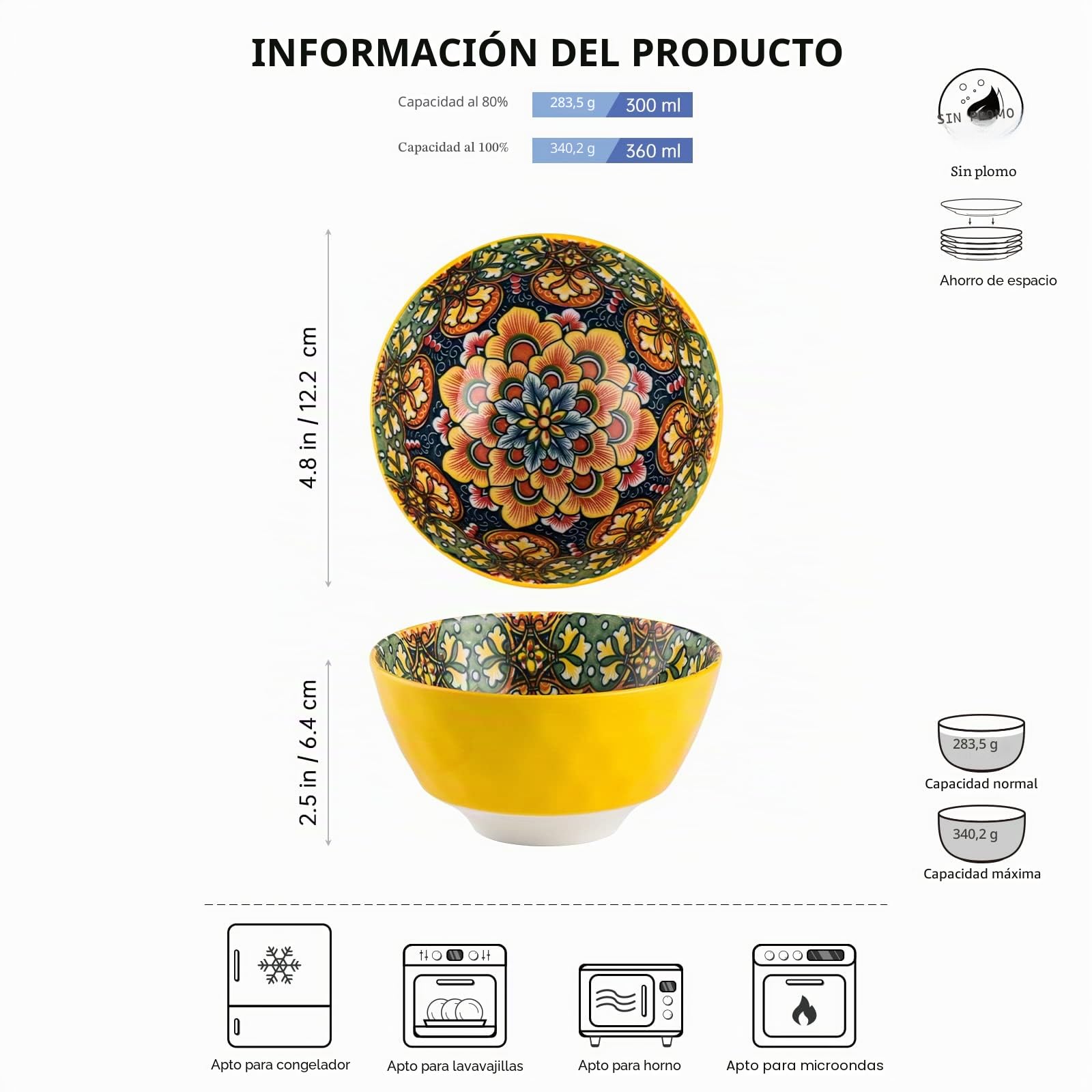 Henten Home Zuppiera, juego de 6 tazones de cerámica de colores - 360ml, tazón para postre para muesli | ensalada | sopa | copos de maíz | desayuno, servicio de cena estilo bohemio - Multicolor