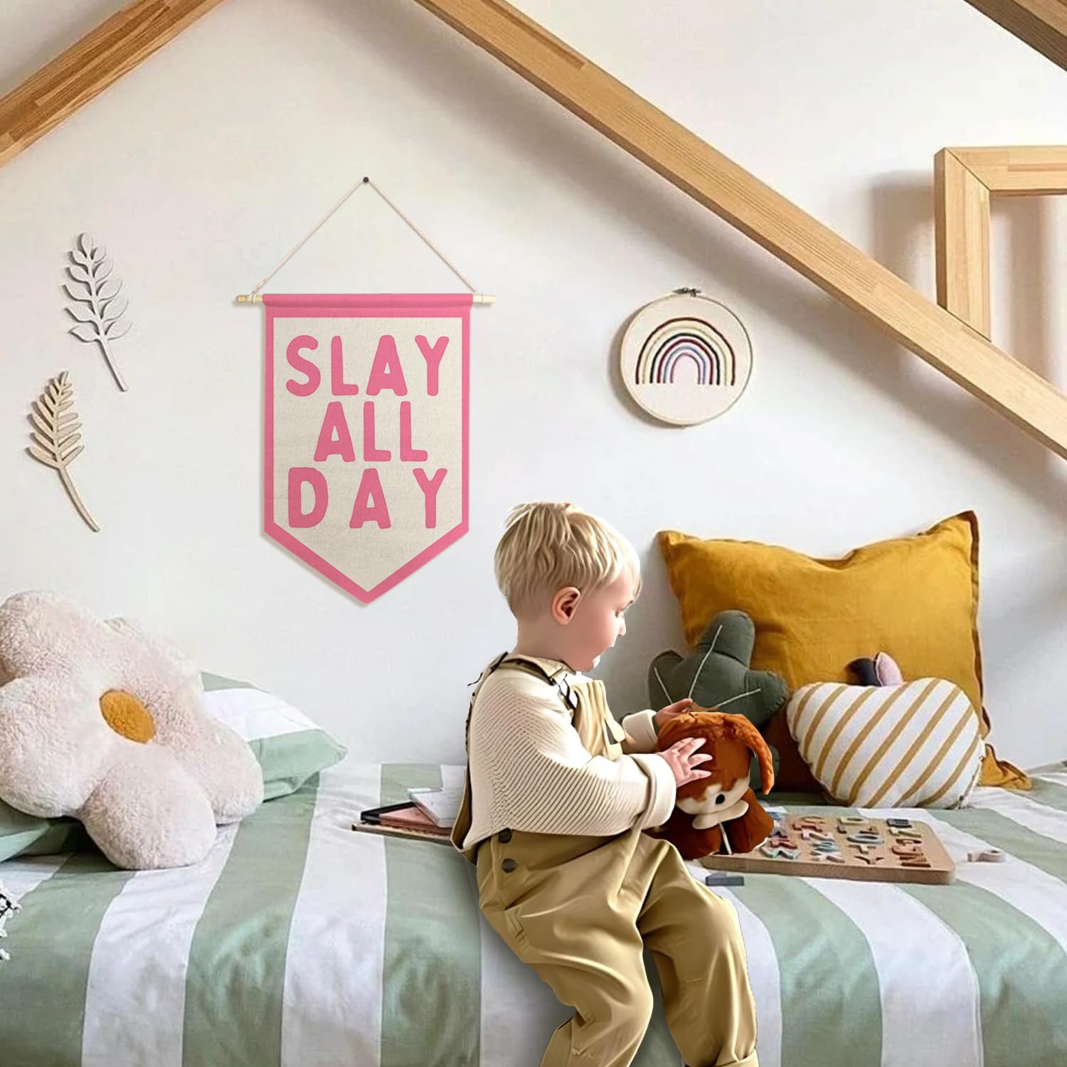 ArtisaEura Funny Slay All Day Wall Canvas Banners, Preppy Room Decor, Funny Aesthetic Hanging Display Pennant Banner Flags, Pink Girly Wall Decor for Girls Room Dorm Bedroom Apartment