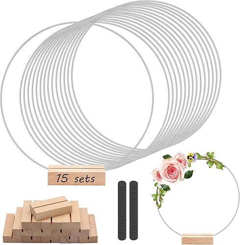 Miniatura 1 de 15 piezas de centro de mesa de aro floral de metal de 14 pulgadas con 15 soportes de madera para tarjetas y almohadillas ajustables para los pies,