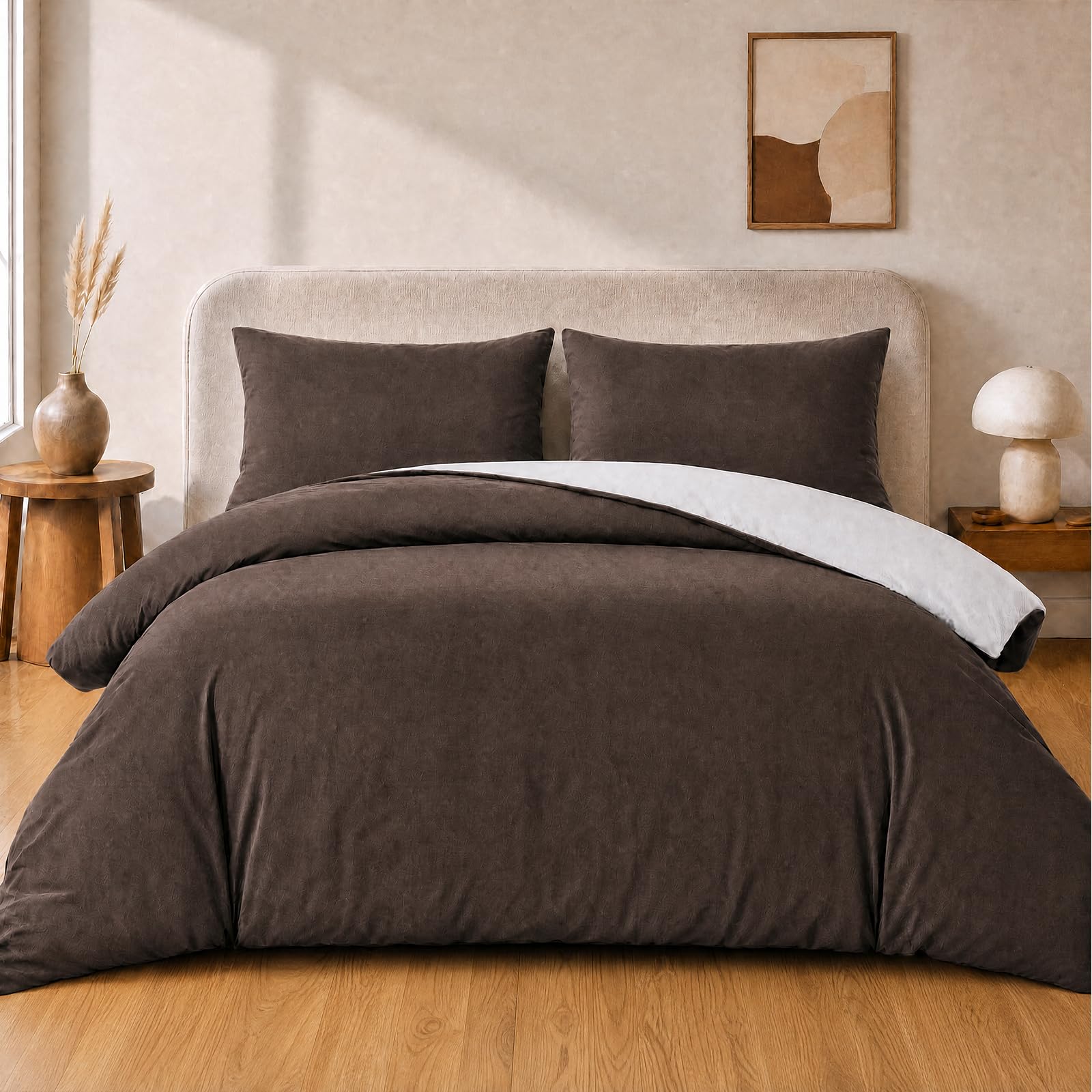 VelvetMis Double Size Duvet Cover Set - 3Pcs Reversible Bedding Bed Set Brown And Light Grey Microfiber Quilt Cover With 2 Pillowcases 50x75cm