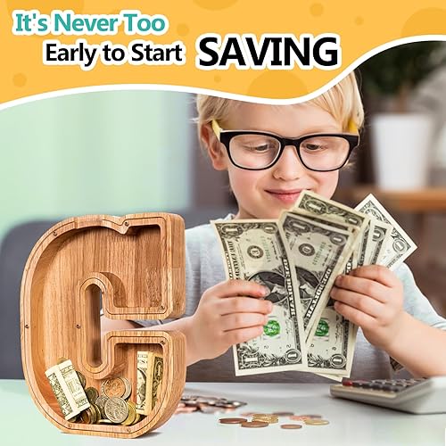 Miniatura 6 de SummiDate Alcancía de madera con nombre tamaño extragrande para niños y niñas, letras de alfabeto A-Z, monedas, billetes, cubierta transparente