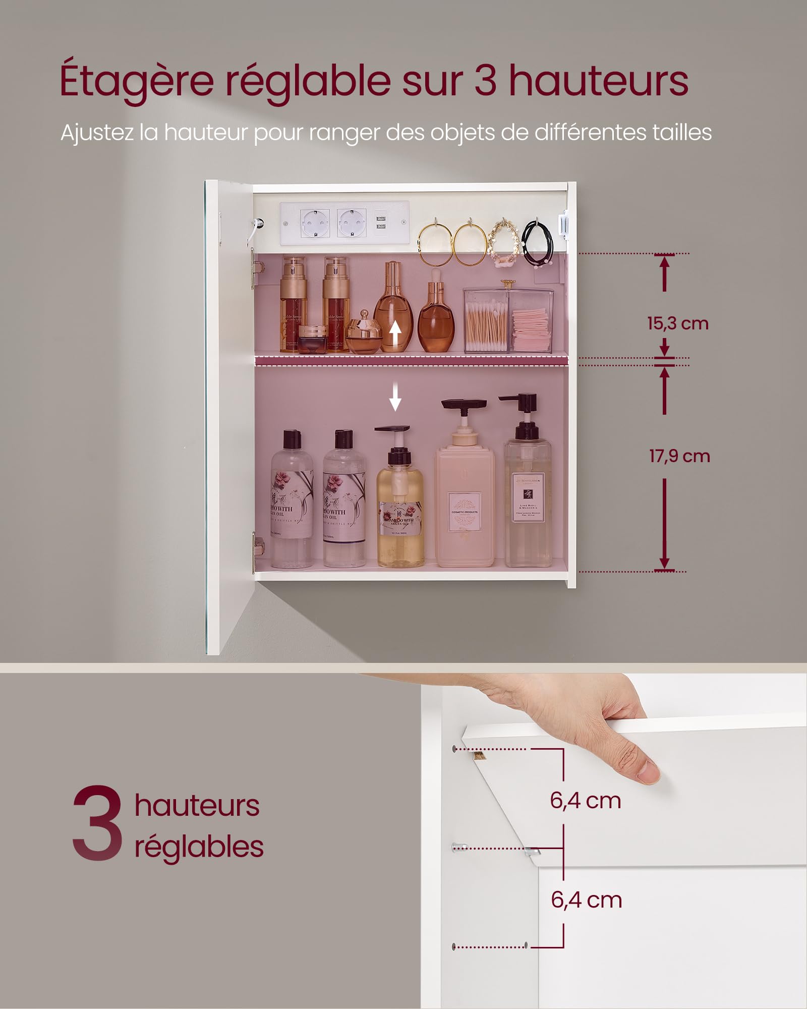 VASAGLE Kailyn Collection - Armoire Murale Salle de Bain avec Miroir, avec LED, Multiprise, Fonction Anti-buée, Miroir Grossissant 10x, Style Moderne, 16,5 x 50 x 60 cm, Blanc BBK133W01