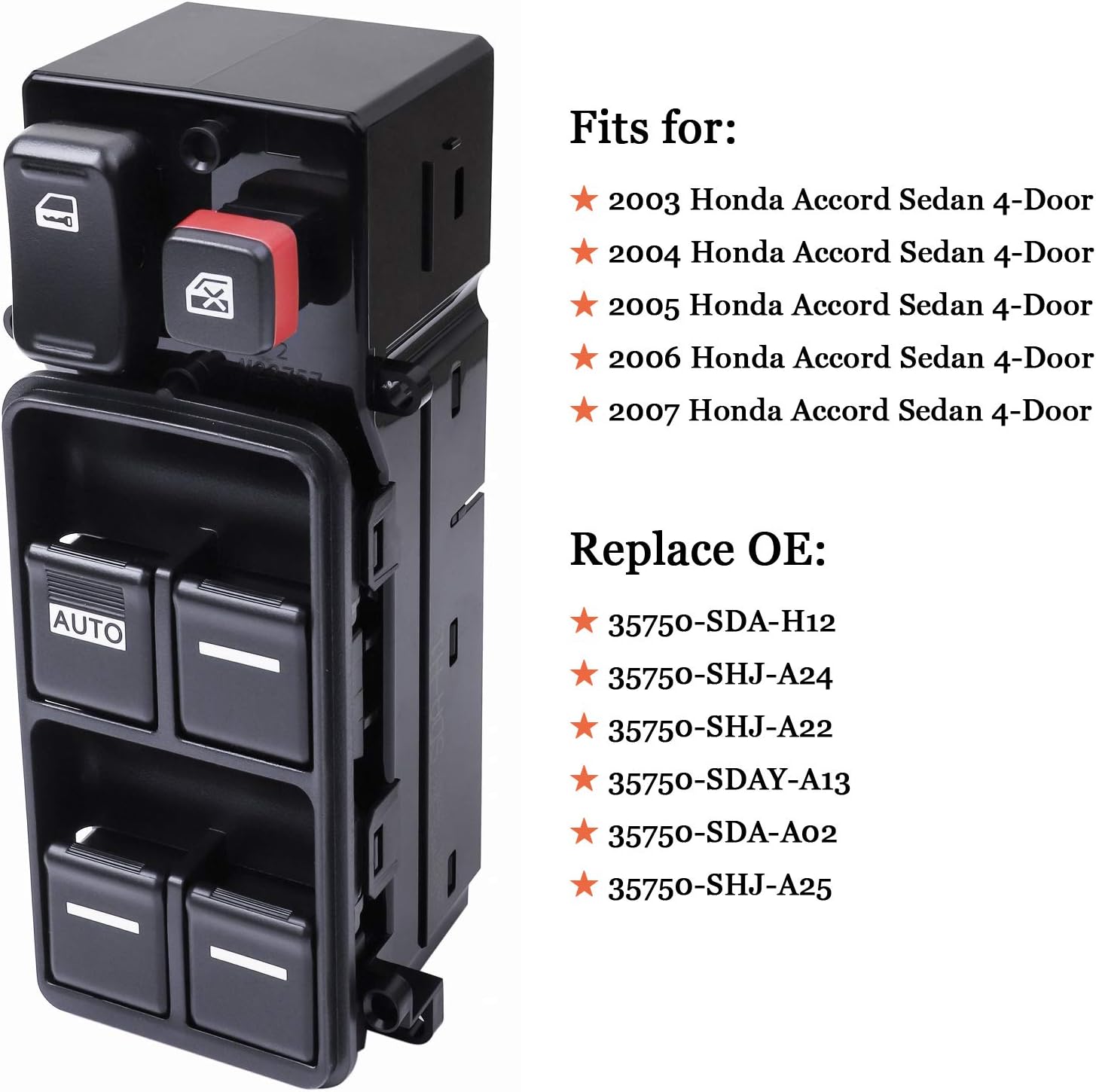 Driver Side Master Power Window Switch 35750-SDA-H12 Replacement for Honda Accord Sedan 2003 2004 2005 2006 2007
