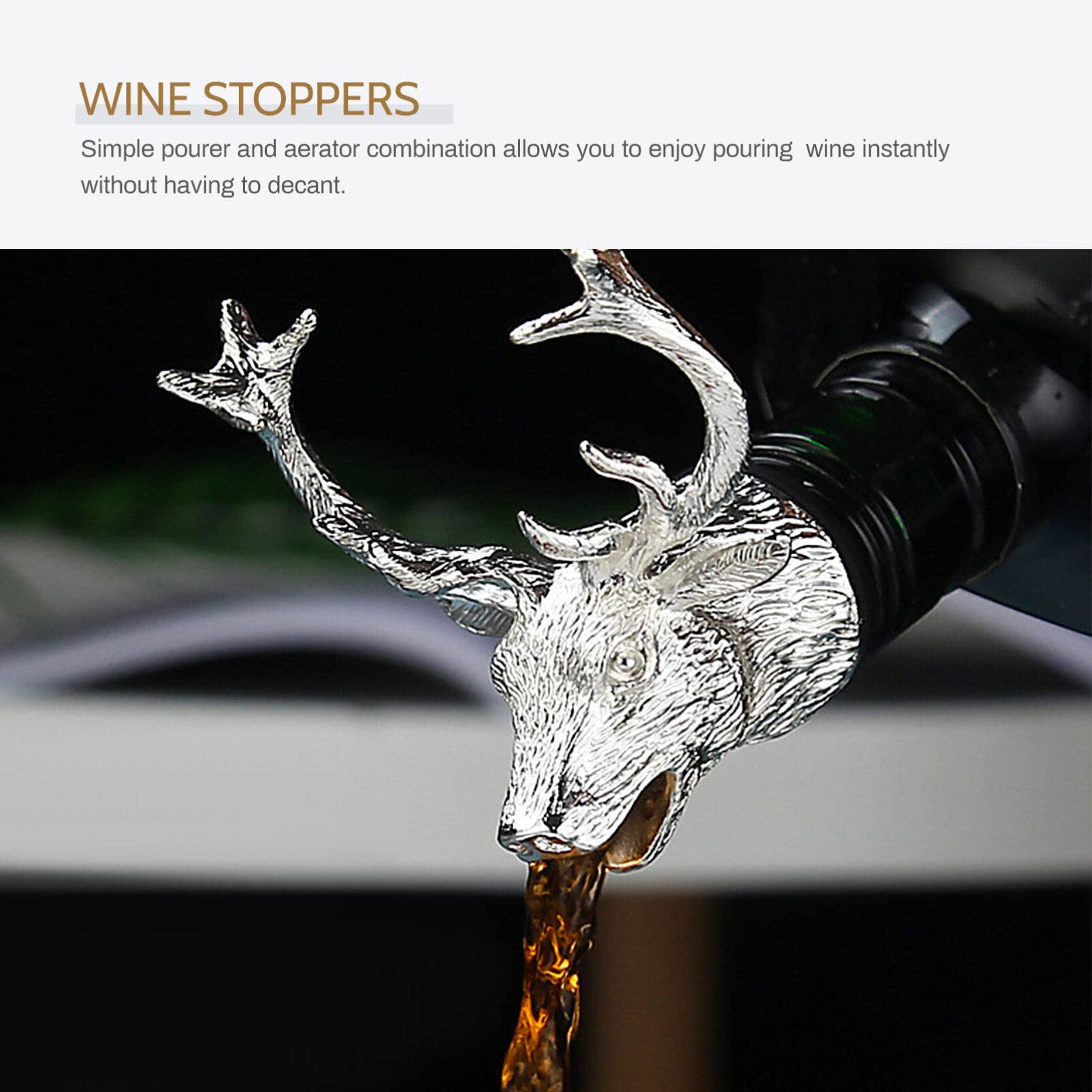Wakauto Deer Head Wine Pourer Spout,Animal Wine Pourer Wine Aerators Bottle Pourers Wine Decanter Decorative Wine Pourer and Stopper with Silicone Rubber Fitting for, Whiskey