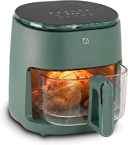 WILLOW Eco Series 6 in 1 Air Fryer with Glass Basket, 5 Quart Non Toxic Air Fryer w Digital Display, 430°F Max Temp, Preheat & Keep Warm Function, Compact + Dishwasher Safe Glass Airfryer - GREEN