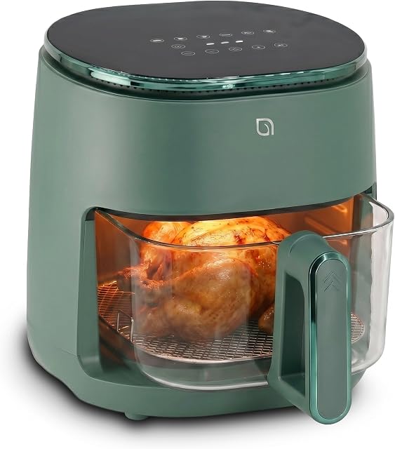 WILLOW Eco Series 6 in 1 Air Fryer with Glass Basket, 5 Quart Non Toxic Air Fryer w Digital Display, 430°F Max Temp, Preheat & Keep Warm Function, Compact + Dishwasher Safe Glass Airfryer - GREEN