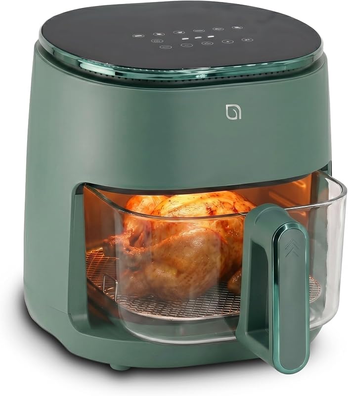 WILLOW Eco Series 6 in 1 Air Fryer with Glass Basket, 5 Quart Non Toxic Air Fryer w Digital Display, 430°F Max Temp, Preheat & Keep Warm Function, Compact + Dishwasher Safe Glass Airfryer - GREEN