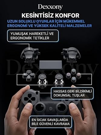 Kablosuz Oyun Kolu, Bluetooth Gamepad, PS4/PS3/PC/Android TV Uyumlu, Çift Titreşimli, Şarj Edilebilir, Dokunmatik Yüzey, Siyah