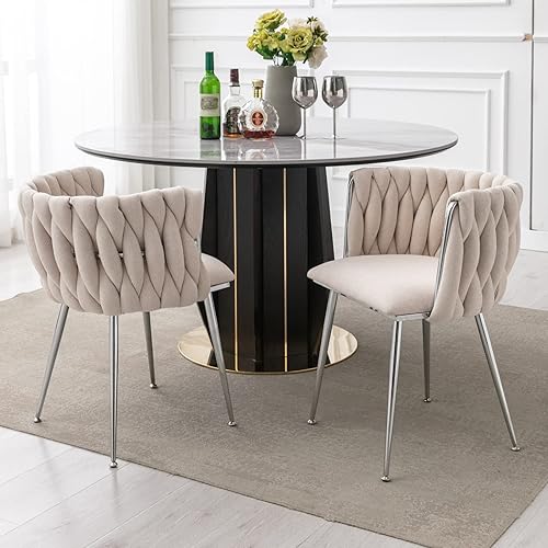 Miniatura 7 de LukeAlon Juego de 2 sillas de comedor modernas de lino, respaldo tejido, sillas de ocio con patas de metal plateado, sillas laterales tapizadas,