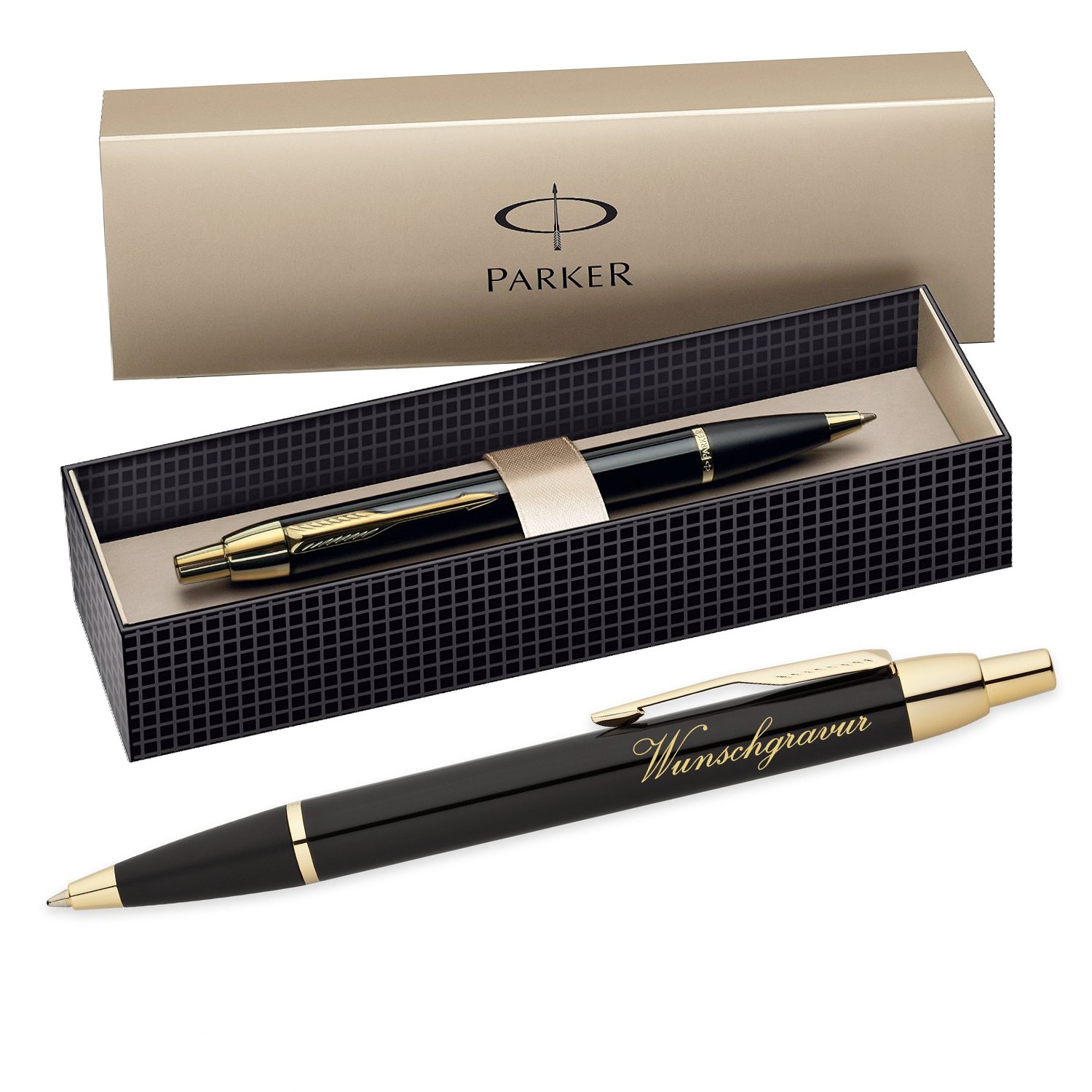 polar-effekt Parker IM Druckkugelschreiber mit Gravur - Schwarz-gold - Großraummine blauschreibend - inkl. Geschenk-Etui - Kugelschreiber Geschenkidee