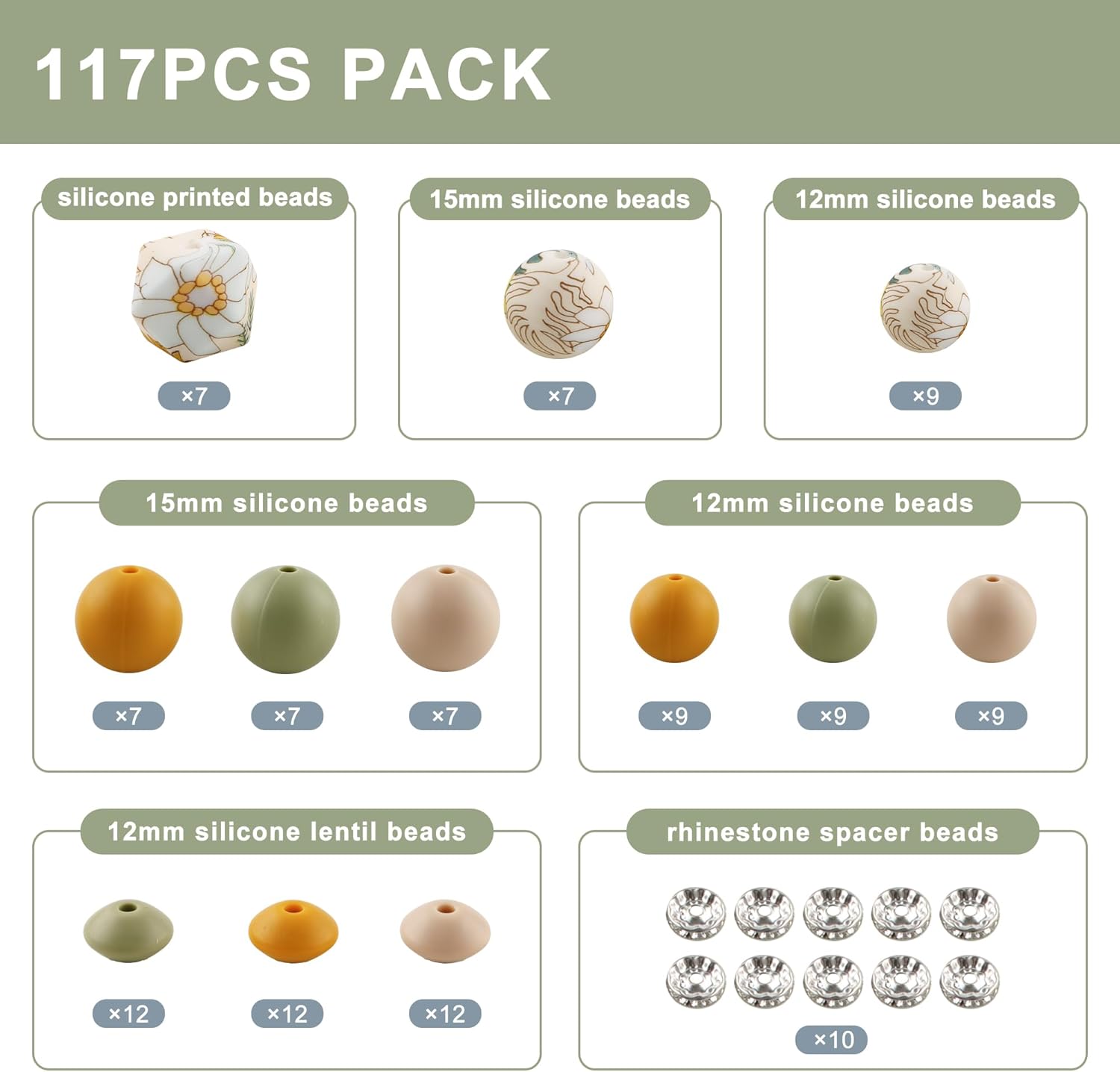 117Pcs 12mm 15mm Silicone Beads for Keychain Making,Floral Print Round Hexagon Print 10mm Rondelle Rhinestone Spacer Lentil Silicone Beads for Pens - Image 2