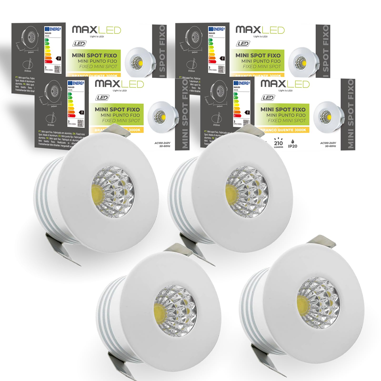 Mini Spots LED Encastrables 3W 210lm 3000K Ø40mm Blanc Chaud COB Aluminium Plafond