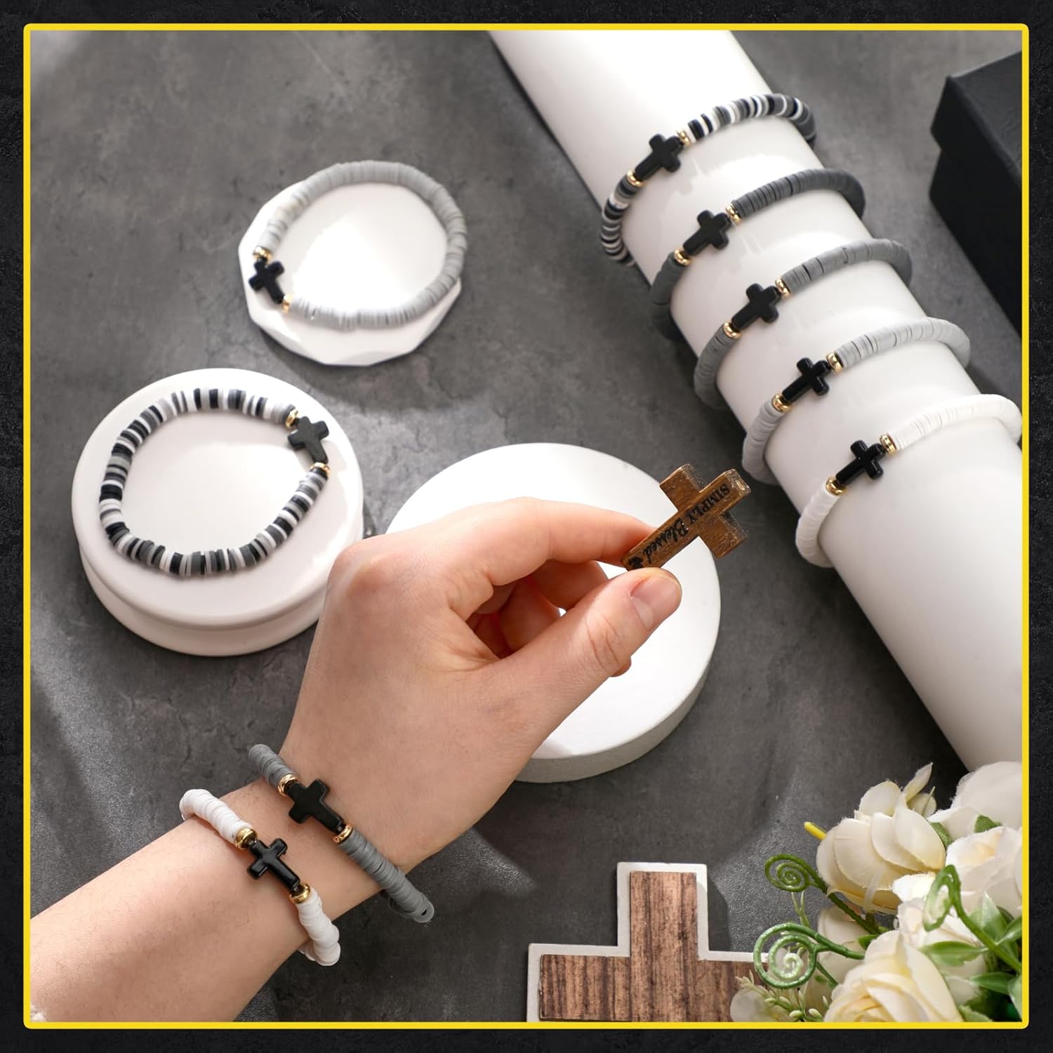 24 Pcs Cross Men's Bracelets WWJD Christian Heishi Surfer Bracelets Stackable Beads Jewelry Religious Jesus Gifts - Image 4