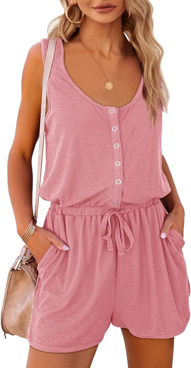 Mafulus Womens Summer Scoop Neck Button Down Sleeveless Jumpsuit Rompers Adjustable Waist Short with Pockets - Image 2