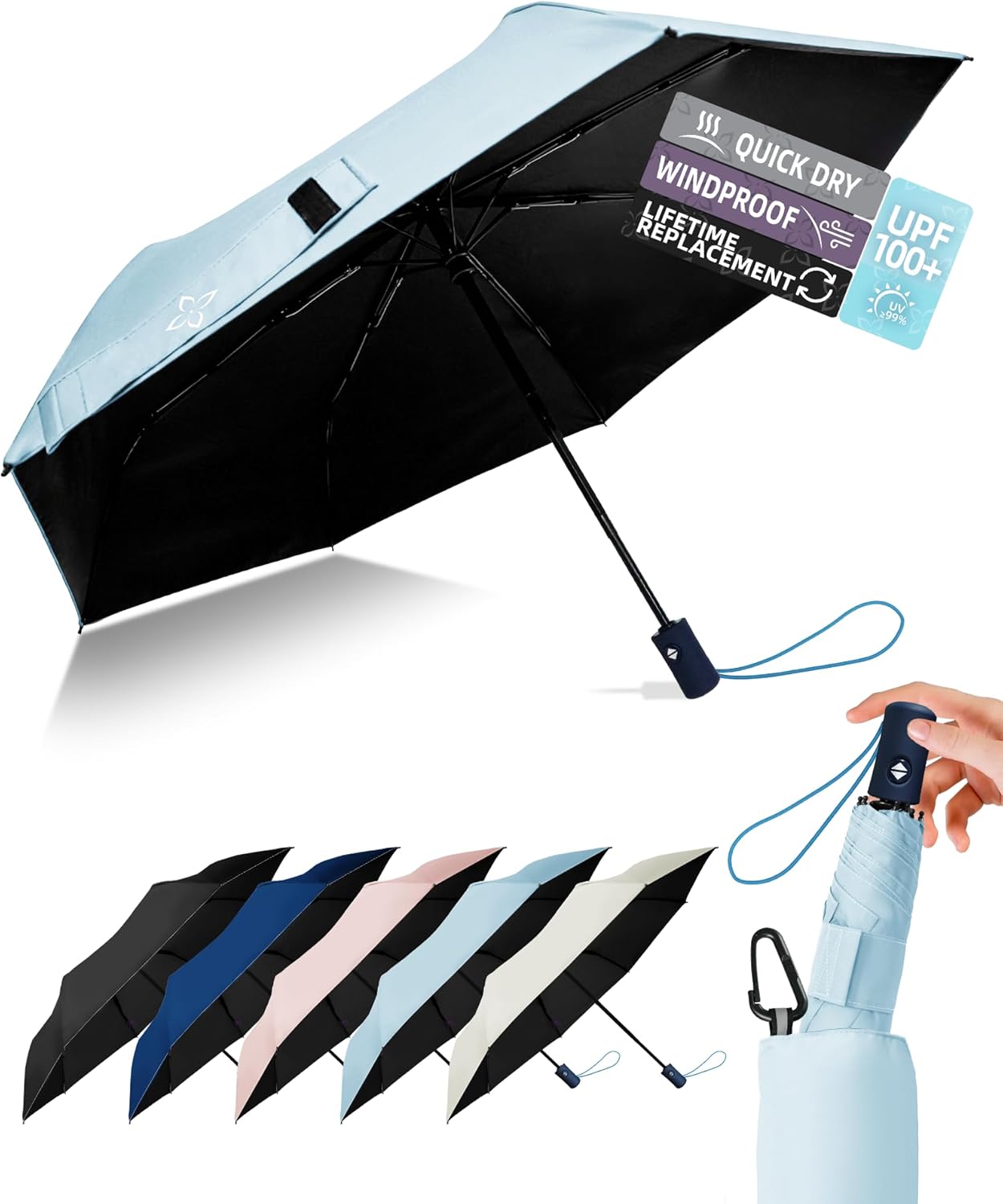 Windproof Travel Umbrella for Rain - 43" Compact Folding Umbrella, Reinforced Strong Frame, Lightweight Portable Parasol with UPF 100+ UV Sun Protection, Cruise Ship Essentials