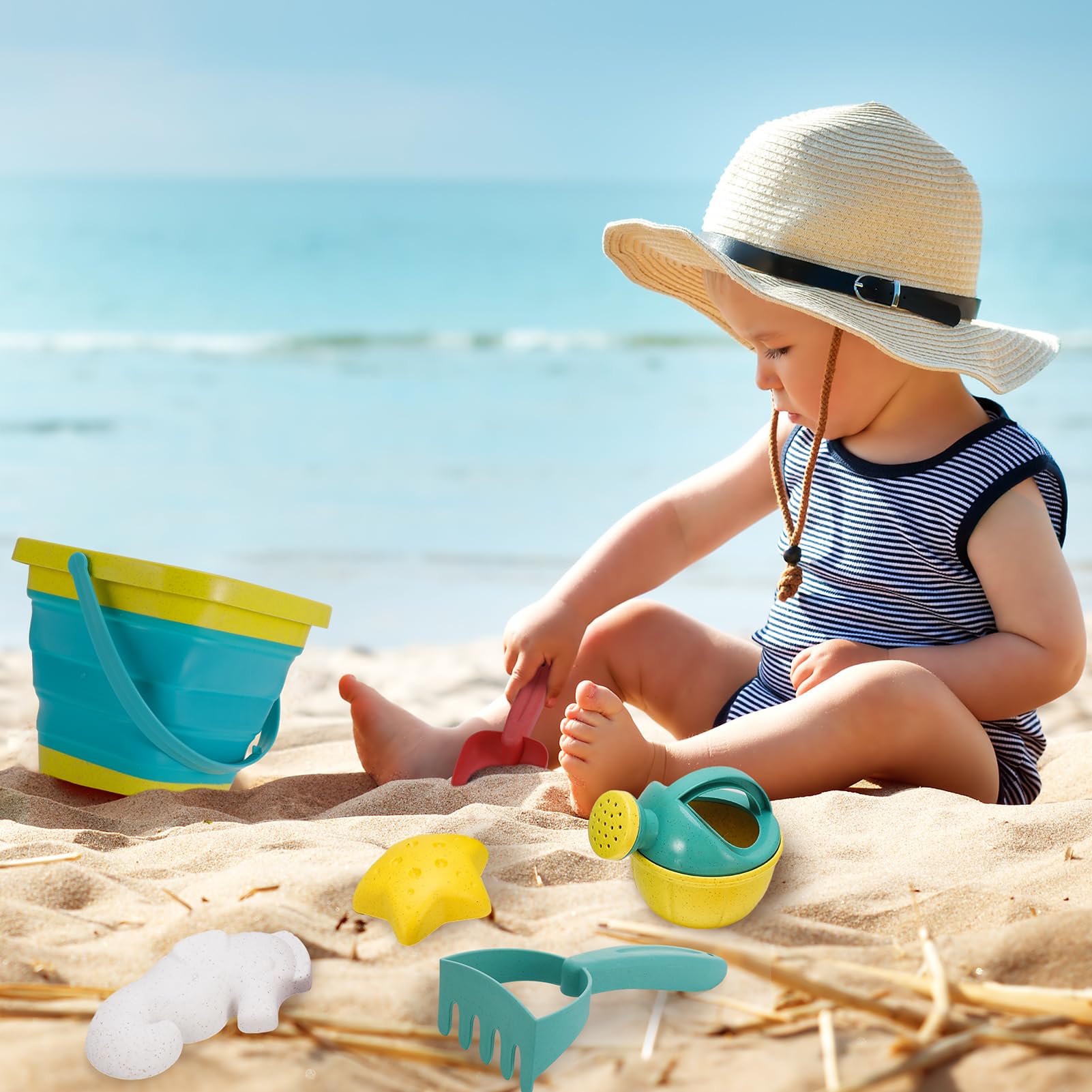 Kids Beach Toys Foldable Beach Bucket And Spade Set Seahorse and Starfish Molds Sand Shovels Watering Can with Mesh Bag Sand Toys For Kids Boys Girls - Image 3