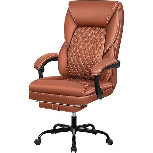 Office Chair, Big and Tall Office Chair Executive Office Chair with Foot Rest Ergonomic Office Chair Home Office Desk Chairs Reclining High Back Leather Chair with Lumbar Support (Brown)
