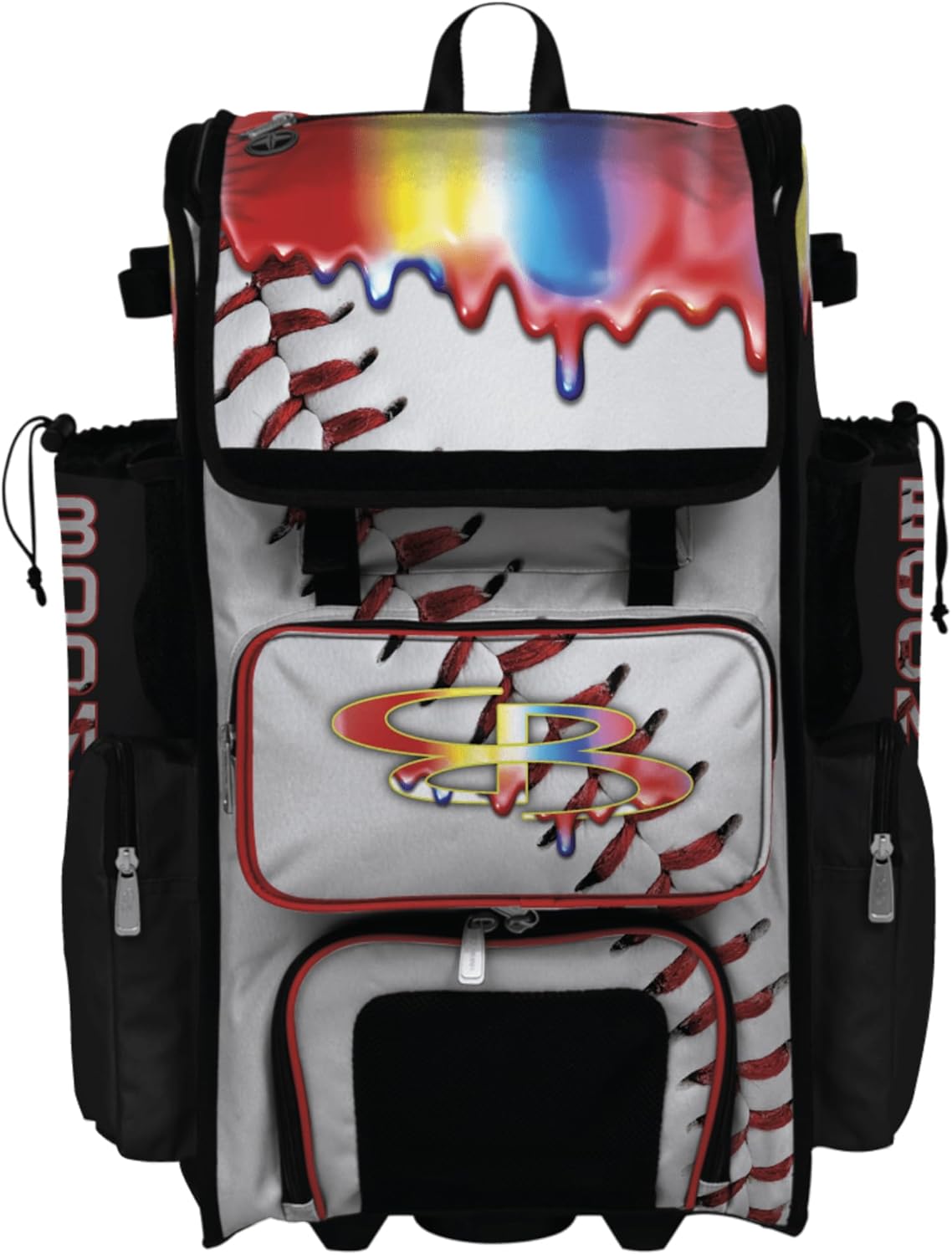 Boombah Superpack Hybrid Rolling Bat Bag - Wheeled & Backpack Version - Baseball Homerun Drip White/Black/Red