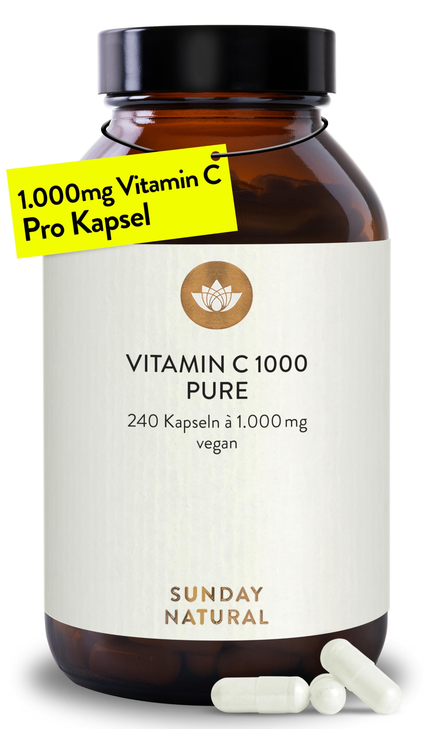 SUNDAY NATURAL® Reines Vitamin C - 240 Kapseln - Hochdosiert mit 1000mg pro Kapsel – Ascorbinsäure mit hoher Reinheit – Vegan, laborgeprüft in Deutschland