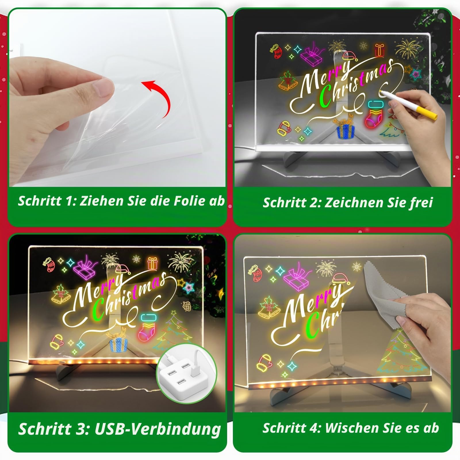 Led Maltafel Kinder mit Ständer/7-Farben-Stift, Acryl Transparente Maltafel Praktische Memo und Zeichenplatte Leuchttafel Notiztafel Glow Board für Schule Zuhause Schreibtisch Büro Café