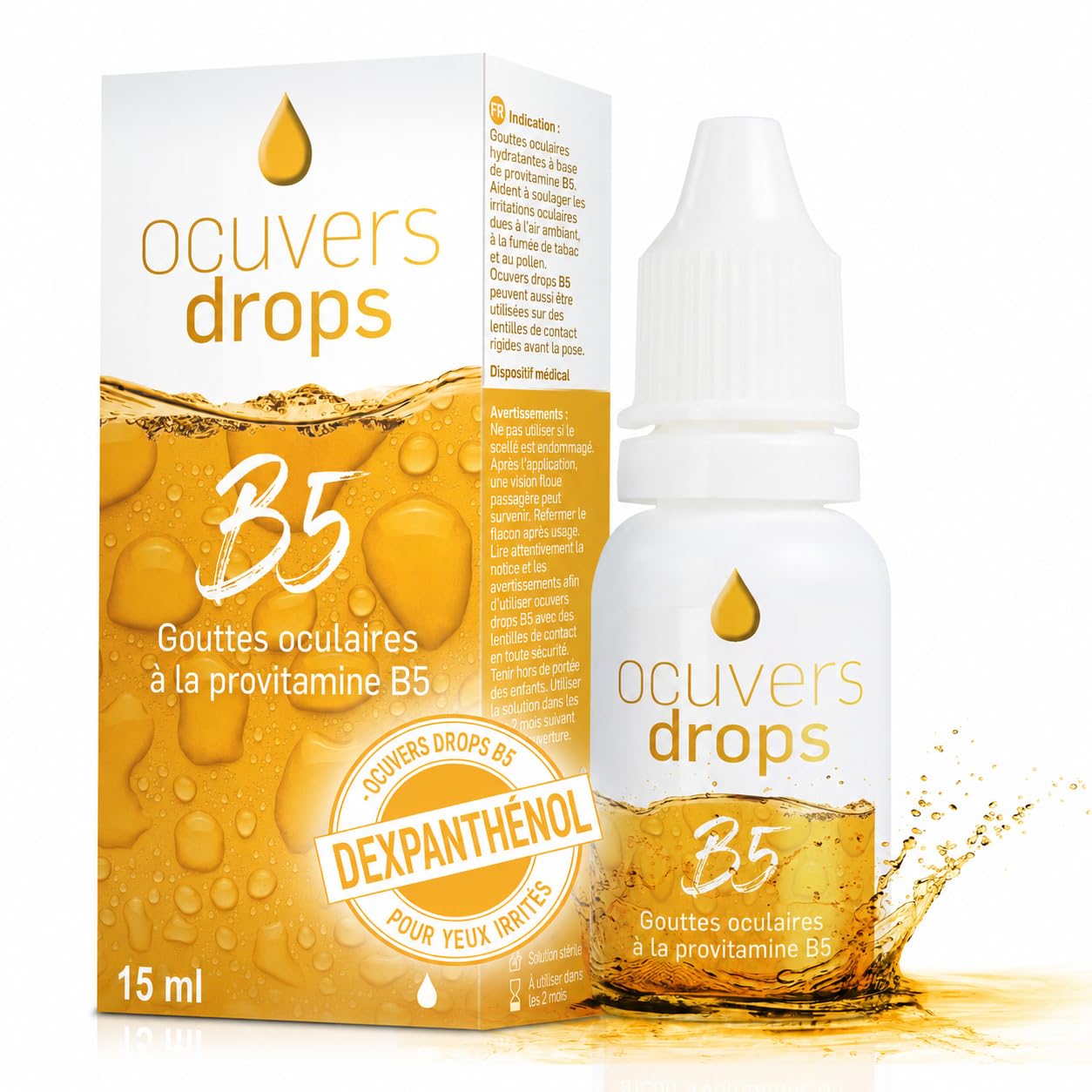 Ocuvers Drops B5 - Gouttes ophtalmiques haute dose 15 ml avec 2% de dexpanthénol et Hydraflex contre les yeux secs, rouges et irritants. Convient aux porteurs de lentilles de contact.