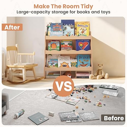 Miniatura 5 de Estantería de madera para niños de 4 niveles con organizador de juguetes, estantería Montessori para habitación de niños y niñas, sala de juegos y