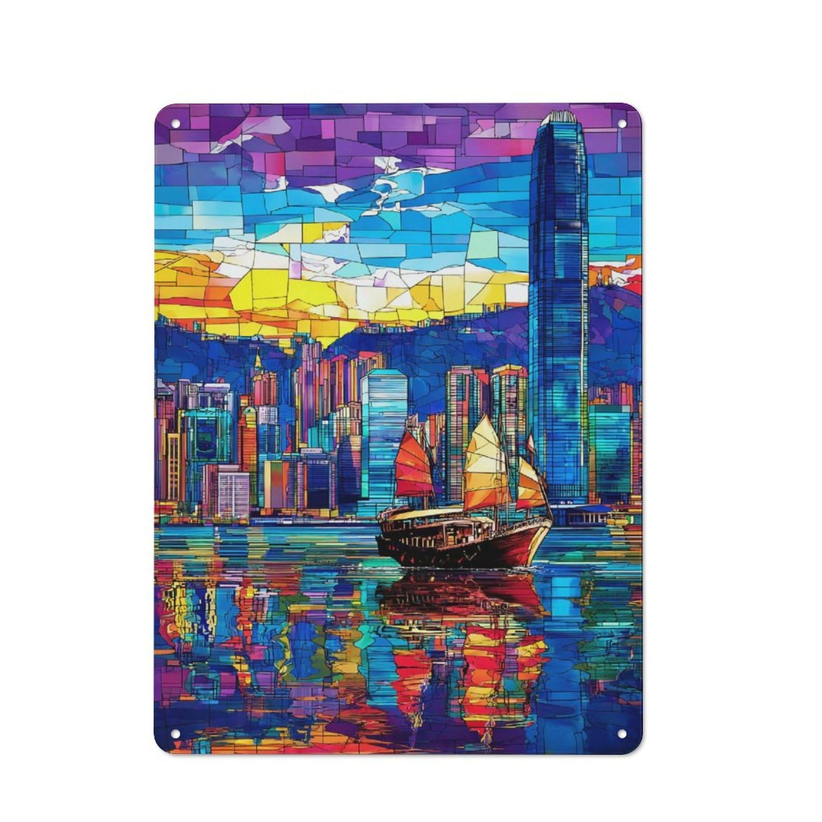 Junmoney Colorful Cityscape With Sailing Boat Simple Retro Metal Wall Plaque 40X30cm, Creative Space Decor For Office, Study, Studio Or Hallway