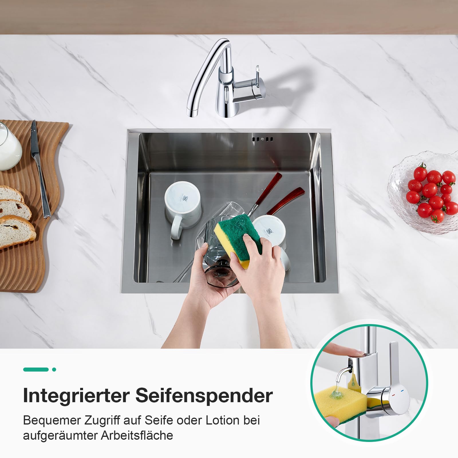 Faustina Waschtischarmatur Bad für Waschbecken mit Seifenspender, Einhebelmischer Waschtisch Armatur Wasserhahn Bad Waschbeckenarmatur Badarmatur, Edstahl polierter Chrom