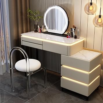 Makeup Vanity Desk With Lighted Mirror And Stool - Elegant Vanity Table with 3 Light Settings, 3 Drawers, and Side Cabinet - Vanity Desk with Mirror for Bedroom Makeup Organizer