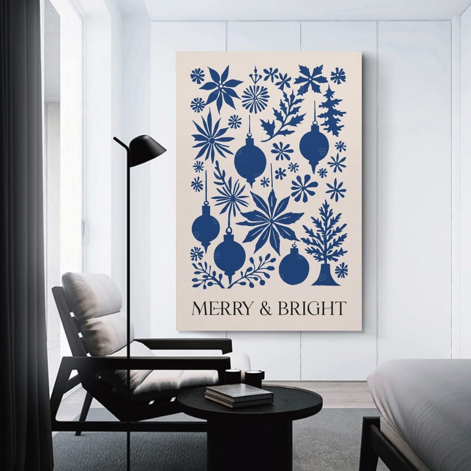 Junmoney Wall Picture Print Blue Christmas Ornament Print, 24x36inch(60x90cm), for Lounge, Bedroom Or Personal Spaces, Canvas Artwork with Gifting Potential