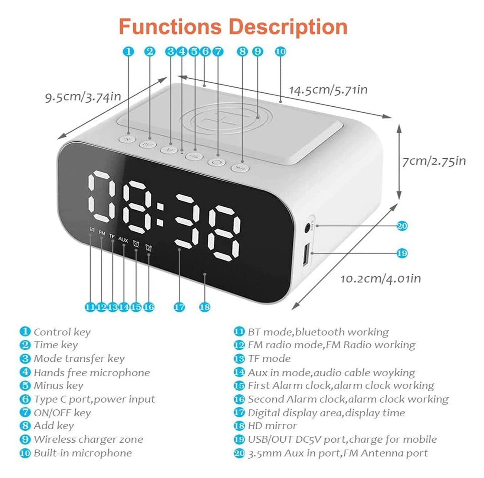 Reloj de alarma digital de carga inalámbrica, espejo DIRIGIÓ Exhibir con USB Puerto, altavoz FM Radio de reloj, Dual alarma, Llamada de manos libres para dormitorio en la cama del hotel (blanco)